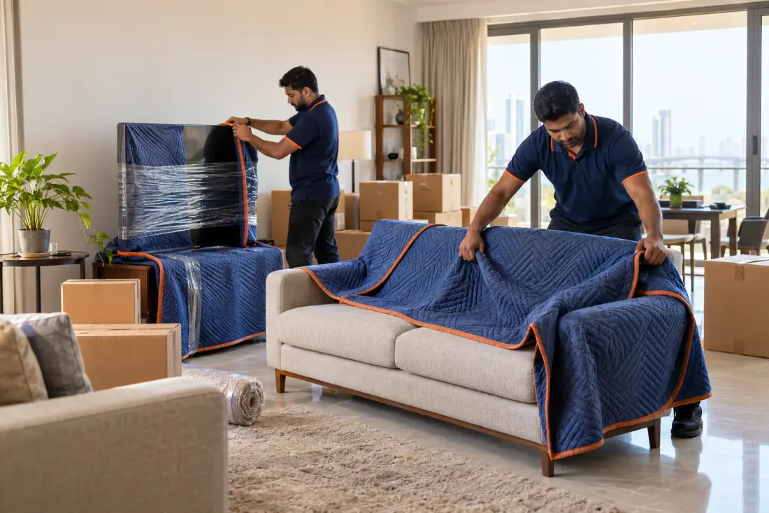 Moving team carefully packing furniture