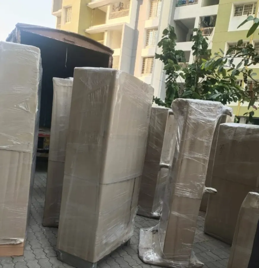 Wrapped furniture ready outside an apartment